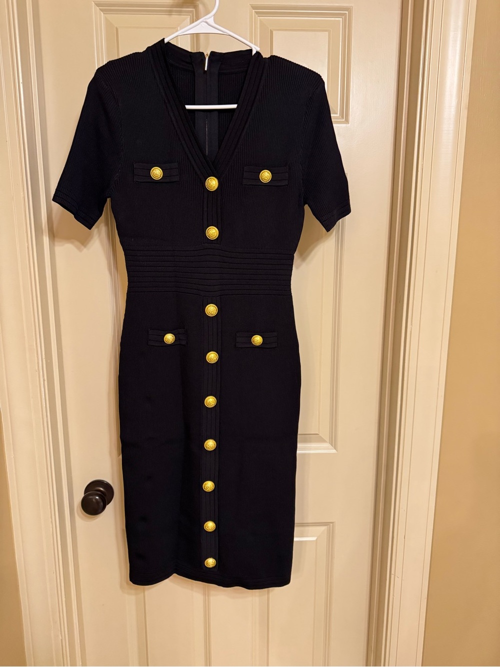 Black Short-Sleeve Ribbed Knit Dress with Gold Buttons